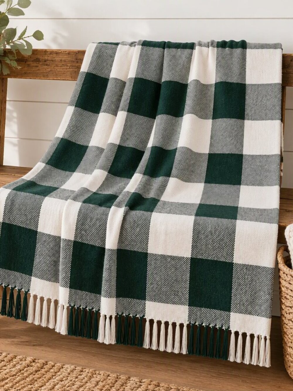 Hunter Green Buffalo Check Woven Throw Blanket  50" x 60" Farmhouse Accent Throw